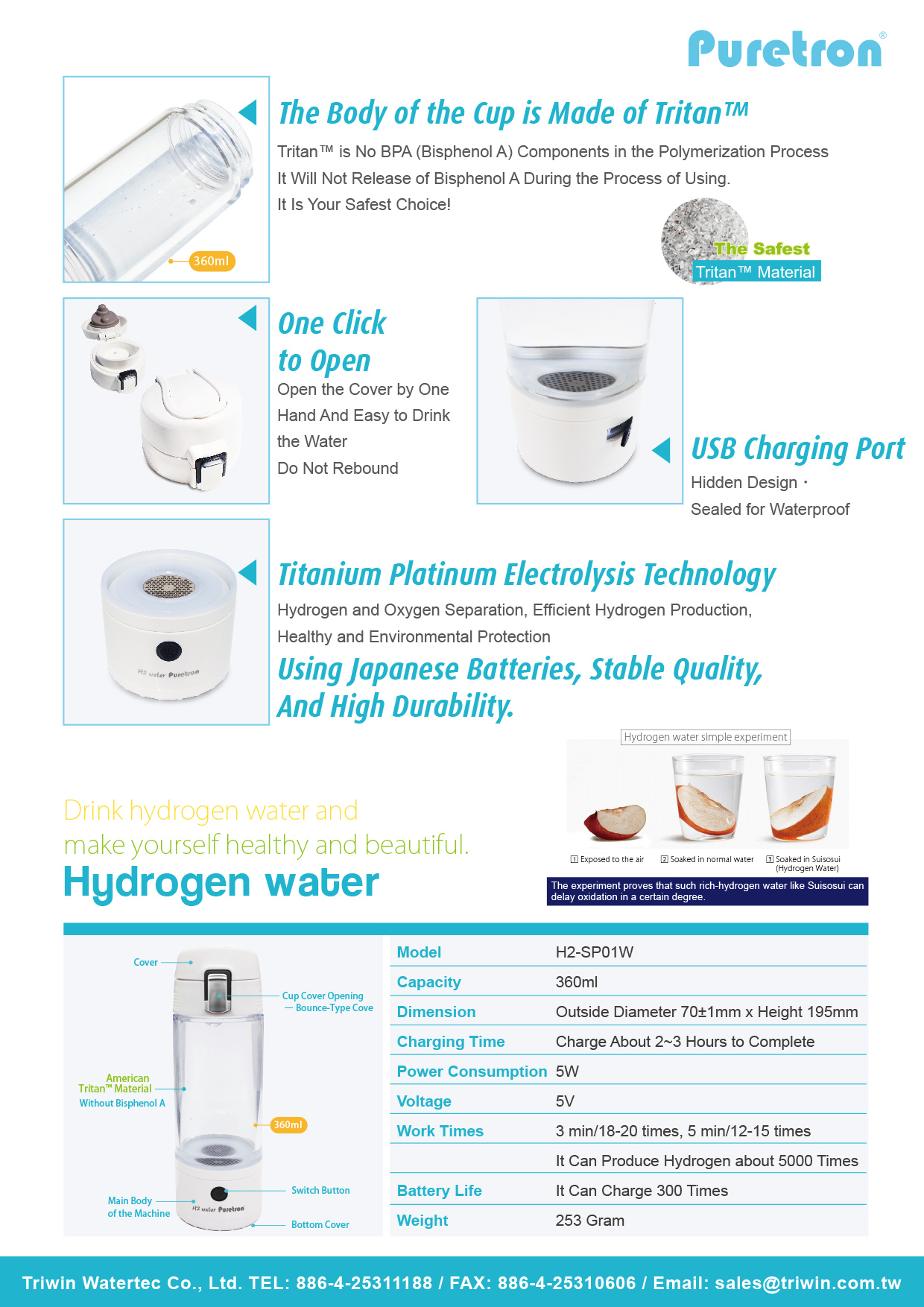 H2-SP01W Hydrogen water bottle.